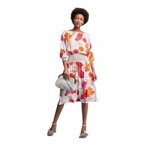 Anthropologie Maeve Floral Midi Dress - Red and Orange Sz: M